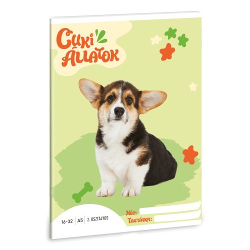 Cuki állatok tűzött füzet A/5, 32 lap vonalas 2.osztály (16-32), welsh corgi